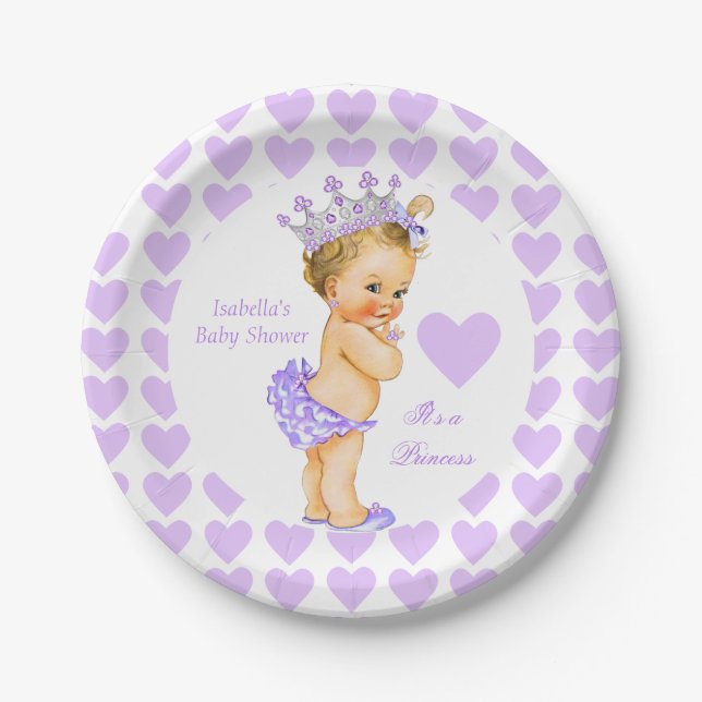 Princess Baby Shower Party Purple Heart Blonde Paper Plate (Front)
