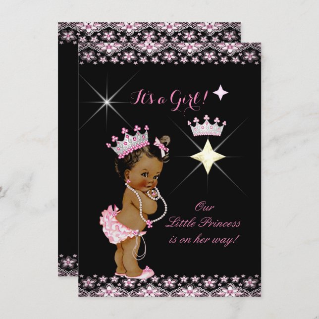 Princess Baby Shower Pink Black Tiara Ethnic Invitation (Front/Back)