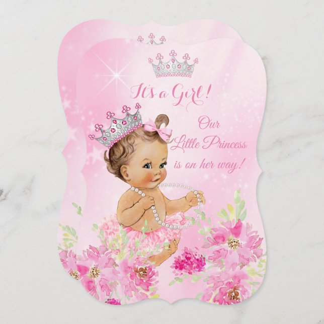 Princess Baby Shower Pink floral Tutu Brunette Invitation (Front/Back)