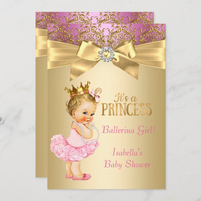 Princess Baby Shower Pink Gold Ballerina Blonde Invitation (Front/Back)