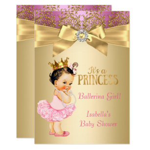 Princess Baby Shower Pink Gold Ballerina Brunette Invitation