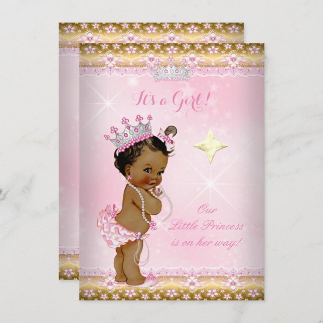 Princess Baby Shower Pink Gold Lace Tiara Ethnic Invitation (Front/Back)