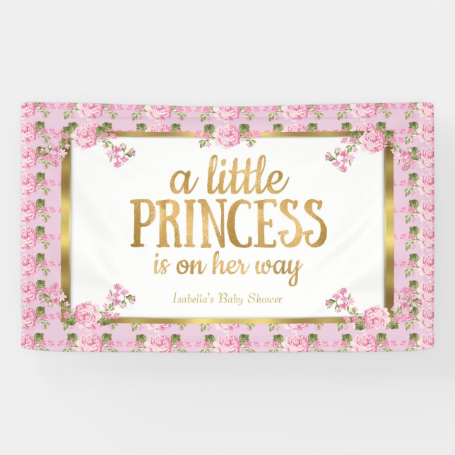 Princess Baby Shower Pink Gold Rose Floral Banner (Horizontal)