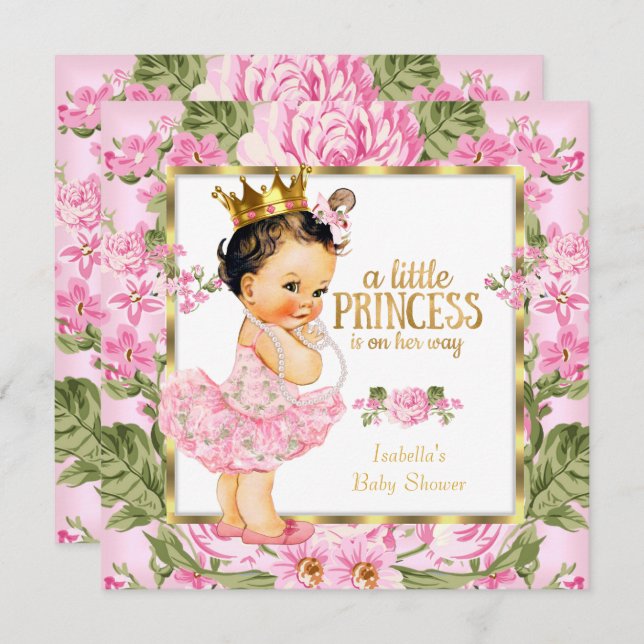 Princess Baby Shower Pink Gold Rose Floral Invitation (Front/Back)
