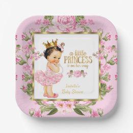 Princess Baby Shower Pink Gold Rose Floral Paper Plate