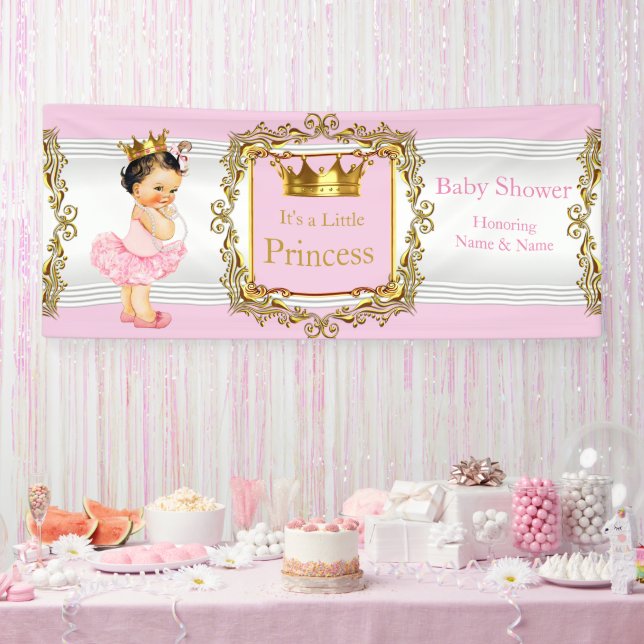 Princess Baby Shower Pink Gold White Brunette Baby Banner (Party)