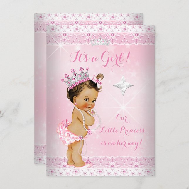Princess Baby Shower Pink Lace Tiara Brunette Invitation (Front/Back)