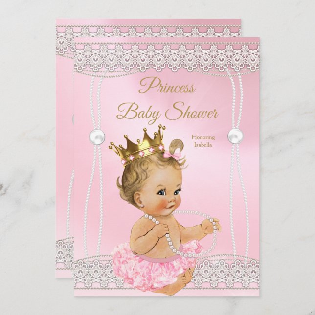 Princess Baby Shower Pink pearl lace blonde Invitation (Front/Back)