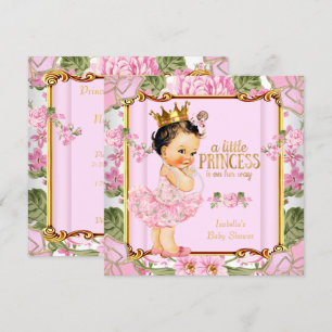 Princess Baby Shower Pink Rose Floral Brunette Invitation