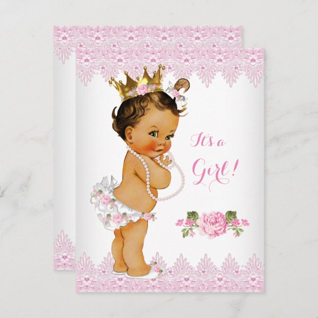 Princess Baby Shower Pink Rose Lace White Brunette Invitation (Front/Back)