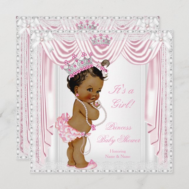 Princess Baby Shower Pink Satin Lace Dark Skin Invitation (Front/Back)