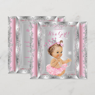 Princess Baby Shower Pink Silver Tutu Brunette Invitation