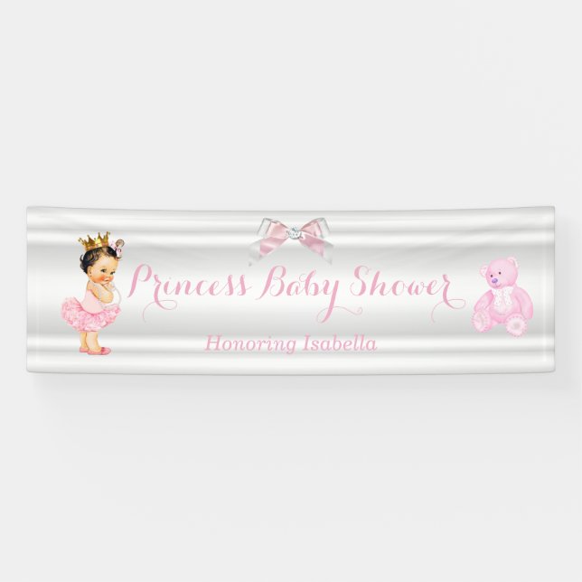 Princess Baby Shower Pink White Brunette Baby Banner (Horizontal)