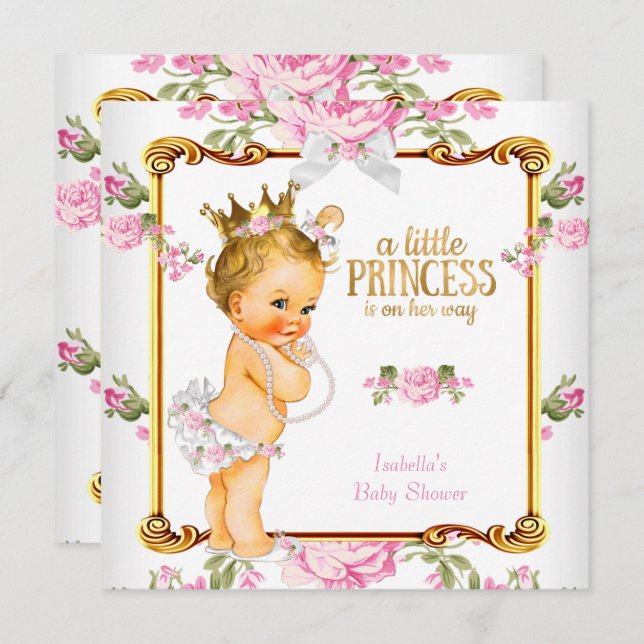 Princess Baby Shower Pink White Floral Blonde Girl Invitation (Front/Back)
