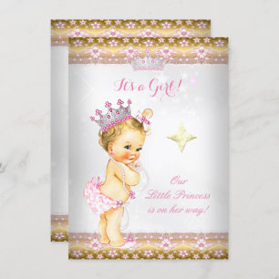 Princess Baby Shower Pink White Gold Tiara Blonde Invitation