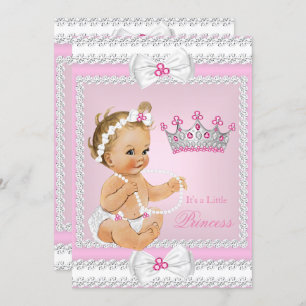 Princess Baby Shower Pink White Pearls Bows Blonde Invitation