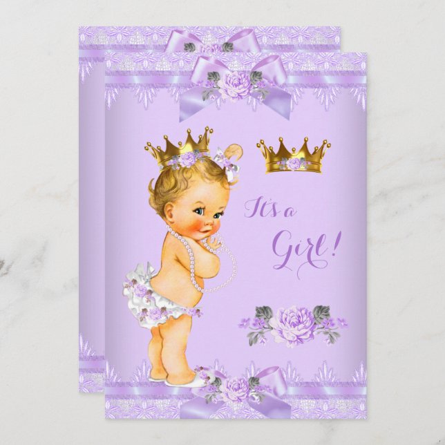 Princess Baby Shower Purple Rose Lace Blonde Girl Invitation (Front/Back)