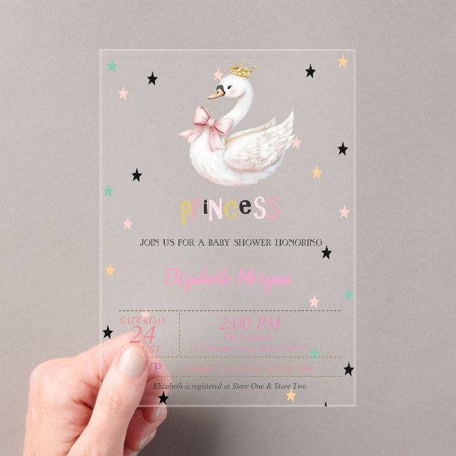 Princess Baby Swan, Stars Baby Shower Acrylic Invitations (Insitu (Handheld))