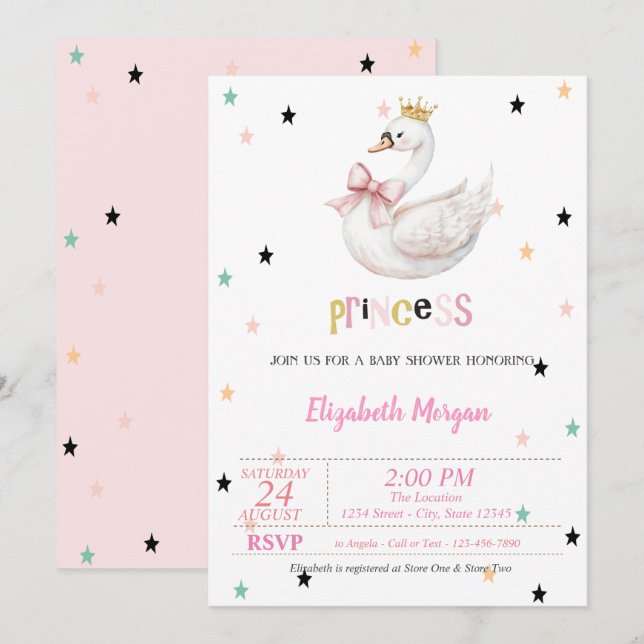 Princess Baby Swan, Stars Baby Shower Invitation (Front/Back)