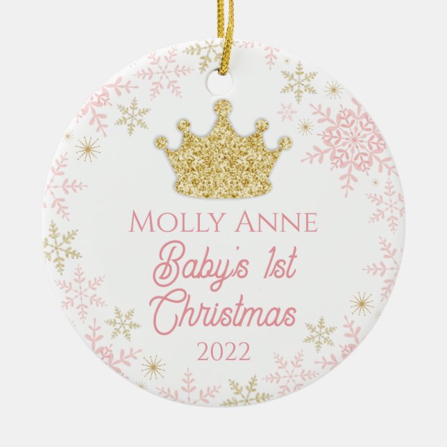 Princess Baby's 1st Christmas Pink & Gold Glitter Ceramic Ornament (Front)