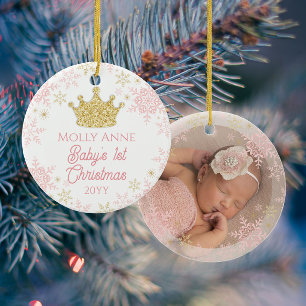 Princess Baby's 1st Christmas Pink & Gold Photo Ceramic Ornament
