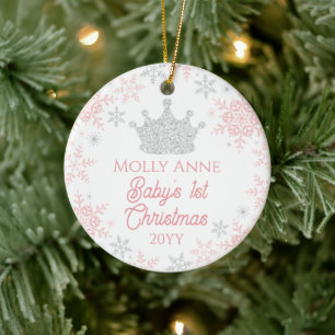 Princess Baby's 1st Christmas Pink Silver Photo Ceramic Ornament