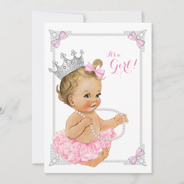 Princess Ballerina Pink Tutu Bow Pearl Baby Shower Invitation (Front)
