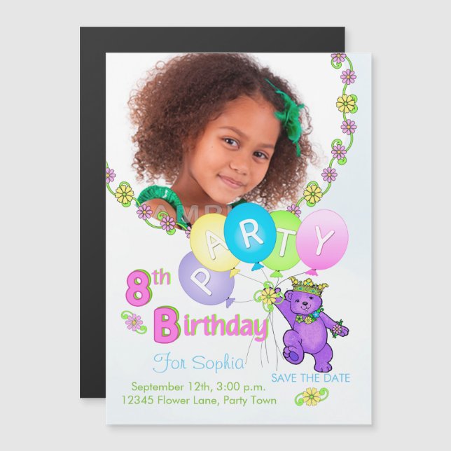 Princess Bear Custom 8th Birthday Party Invitation (Front/Back)