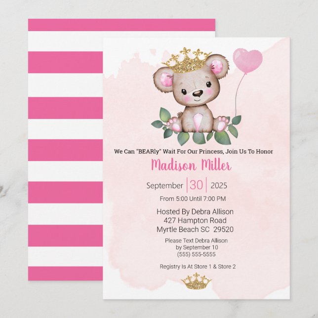  Princess Bear Pink Baby Shower  Invitation (Front/Back)