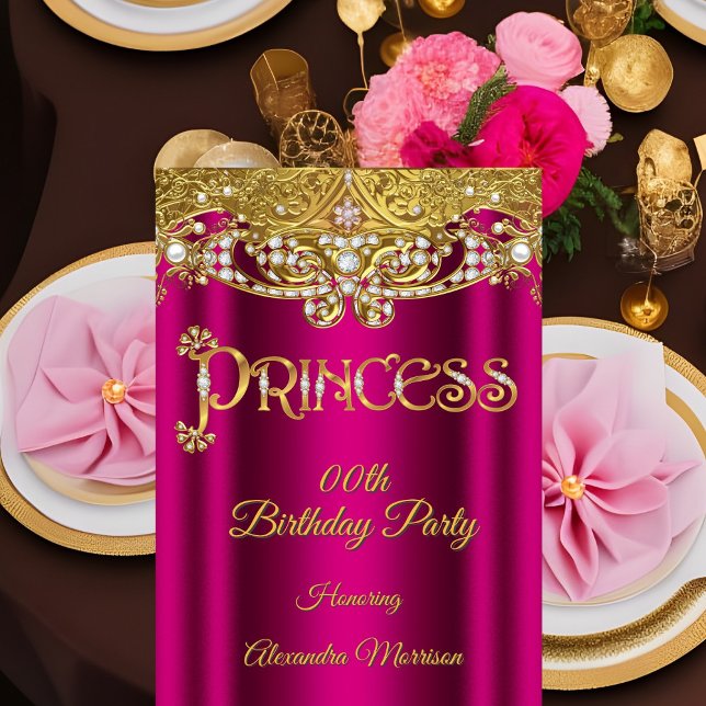 Princess birthday Bright pink Diamond Gold Pearls  Invitation (Creator Uploaded)