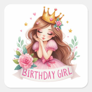 Princess Birthday Girl Crown Square Sticker