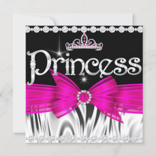 Princess Birthday Hot Pink Bow Black Silver Tiara Invitation