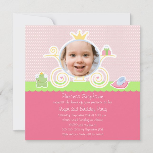 Princess birthday party carriage photo invitation (Front)