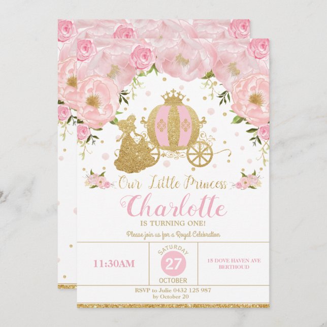 Princess Birthday Party Carriage Pink and Gold Invitation (Front/Back)