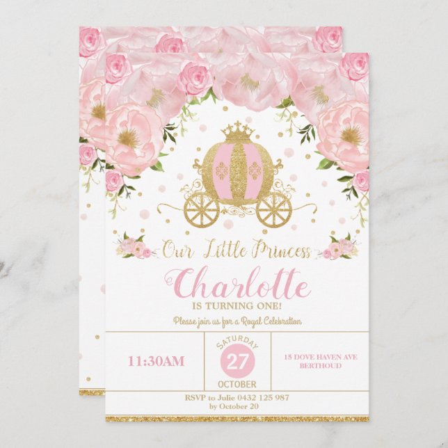 Princess Birthday Party Carriage Pink Floral Invitation (Front/Back)