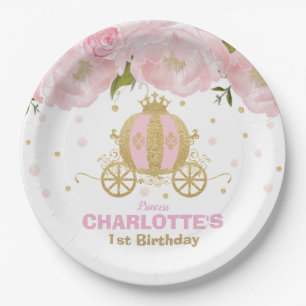 Princess Birthday Party Floral Pink Gold Carriage Paper Plate