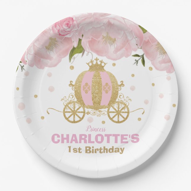 Princess Birthday Party Floral Pink Gold Carriage Paper Plate (Front)