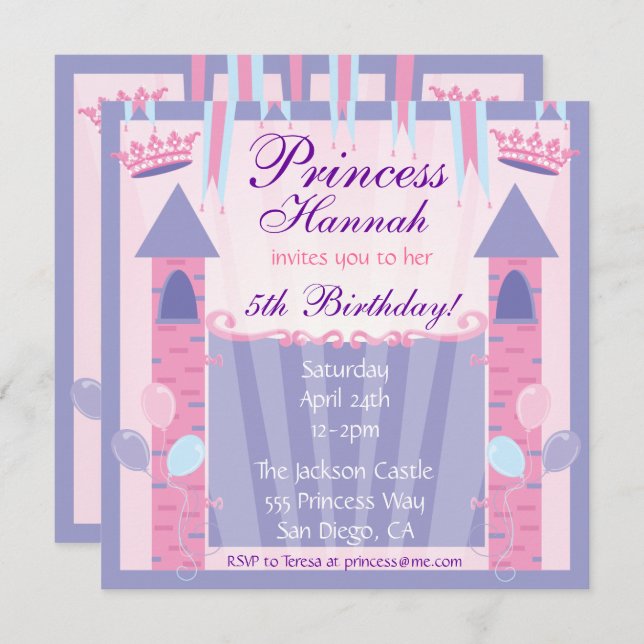 Princess Birthday Party Invitation Castle (Front/Back)