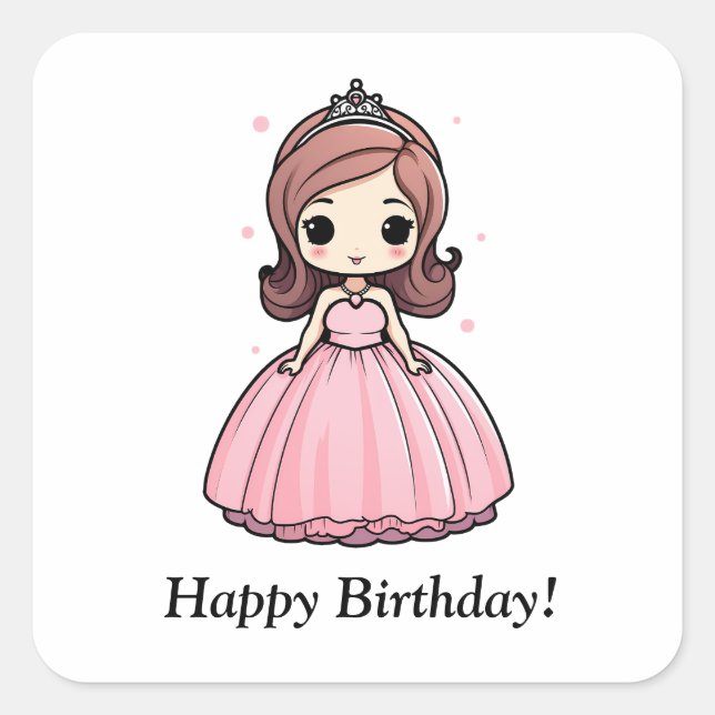 Princess Birthday Party Pink Gown Cute Cartoon Square Sticker (Front)