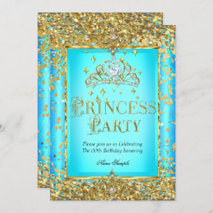 Princess Birthday Party Teal Blue Gold Tiara Invitation