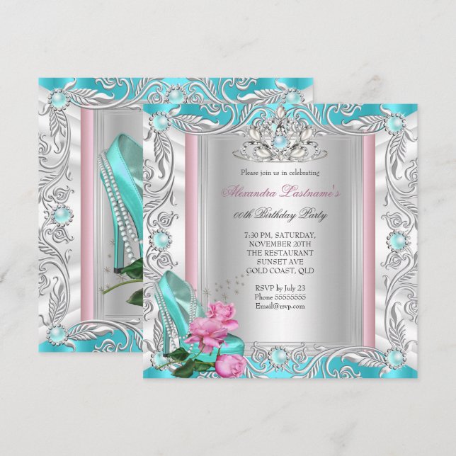 Princess Birthday Party Teal Pink Rose High Heels Invitation (Front/Back)