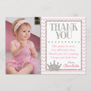 Princess Birthday Thank You Card   Pink and Silver