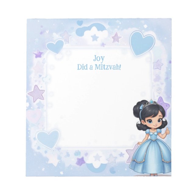 Princess Blue Black Hair Custom Name Mitzvah Notepad (Front)