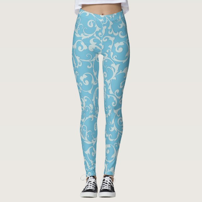 Princess Blue Elegant Royal Damask Swirl Leggings (Front)