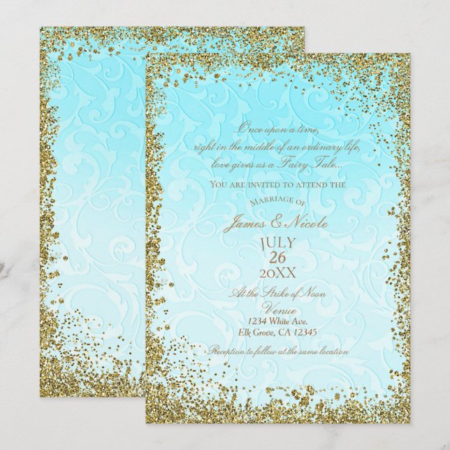 Princess Blue Elegant Storybook Swirl Wedding Invitation (Front/Back)