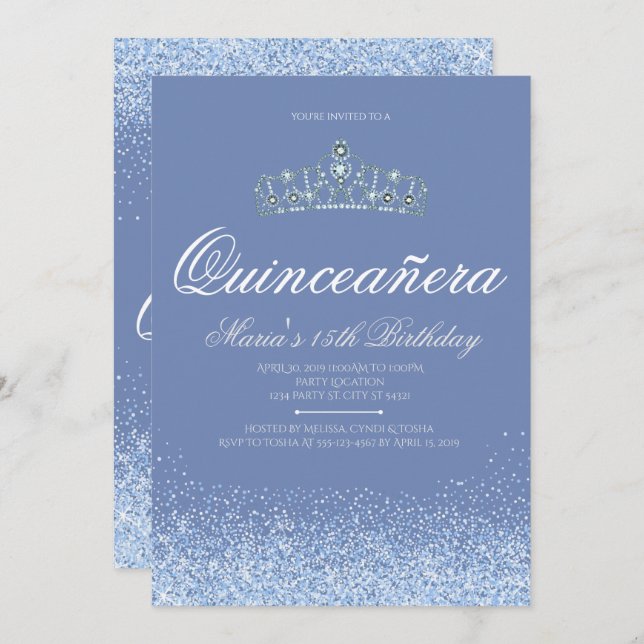 Princess Blue  Glitter Quinceanera Invitations (Front/Back)