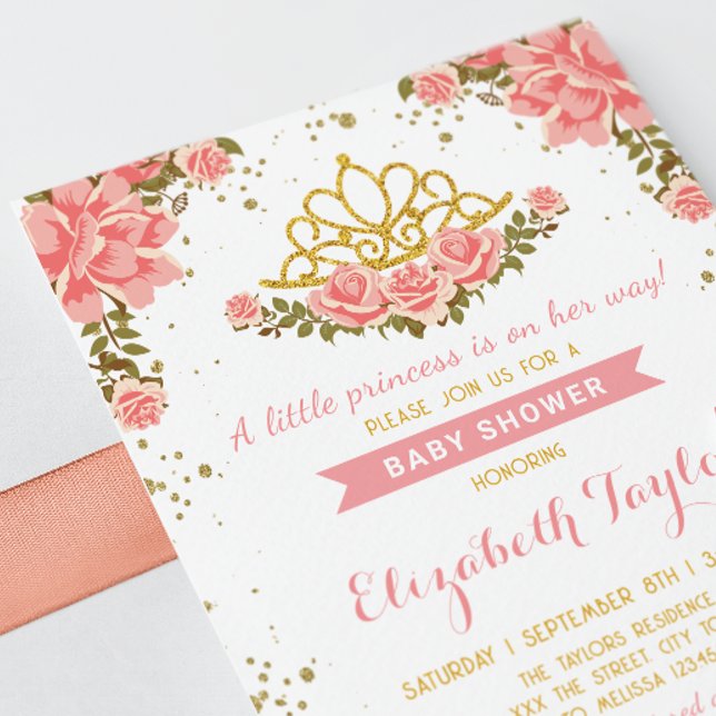 Princess Blush Floral Gold Crown Baby Shower Invitation (Creator Uploaded)