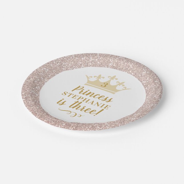 Princess Blush Pink Glitter Royal Crown Birthday Paper Plate (Angled)