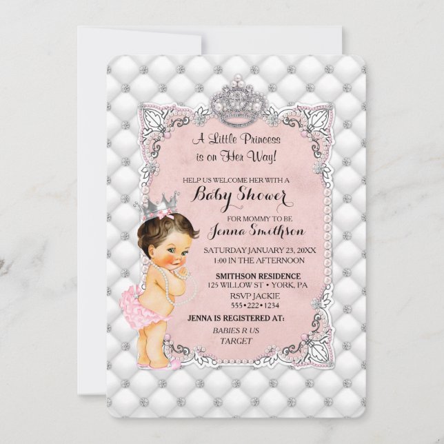 Princess Blush Pink Pearls Diamonds Baby Girl Invitation (Front)