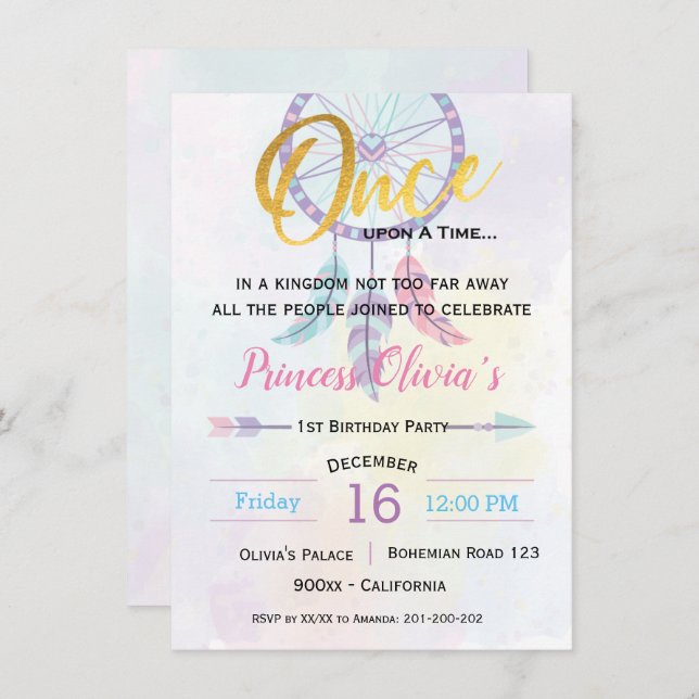 Princess Bohemian Birthday party Invitation (Front/Back)